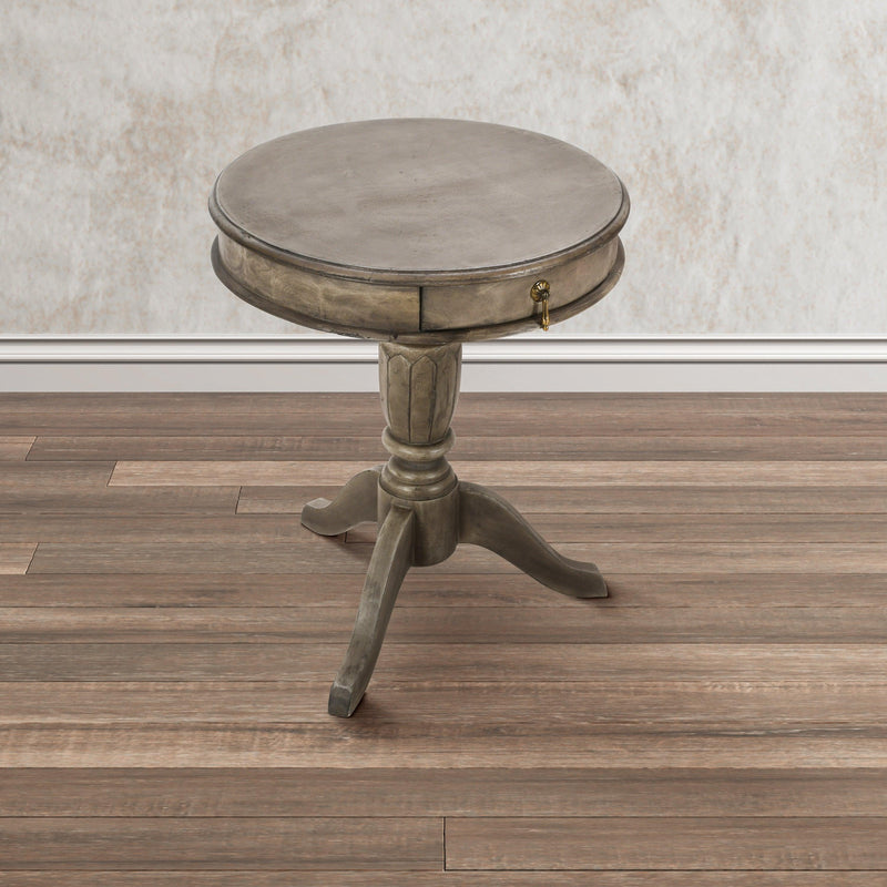 21 Inch Handcrafted ManWood Side Table with Drawer, Classic Pedestal Base and Round Top, Rustic Gray
