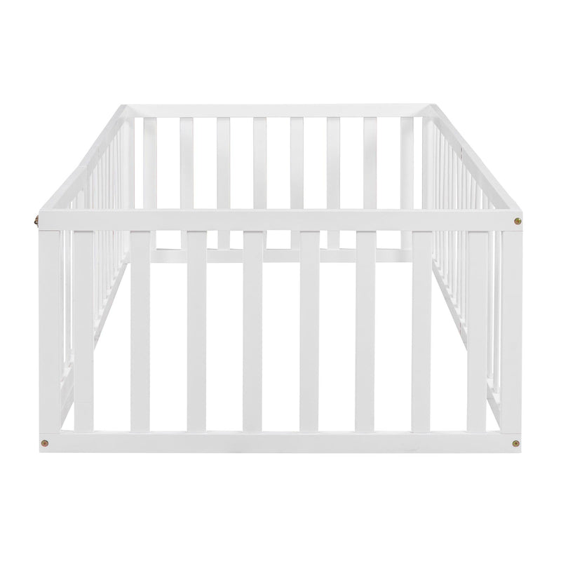 Twin Size Wood Floor Bed Frame with Fence and Door, White - Urban Living Furniture (Los Angeles, CA)