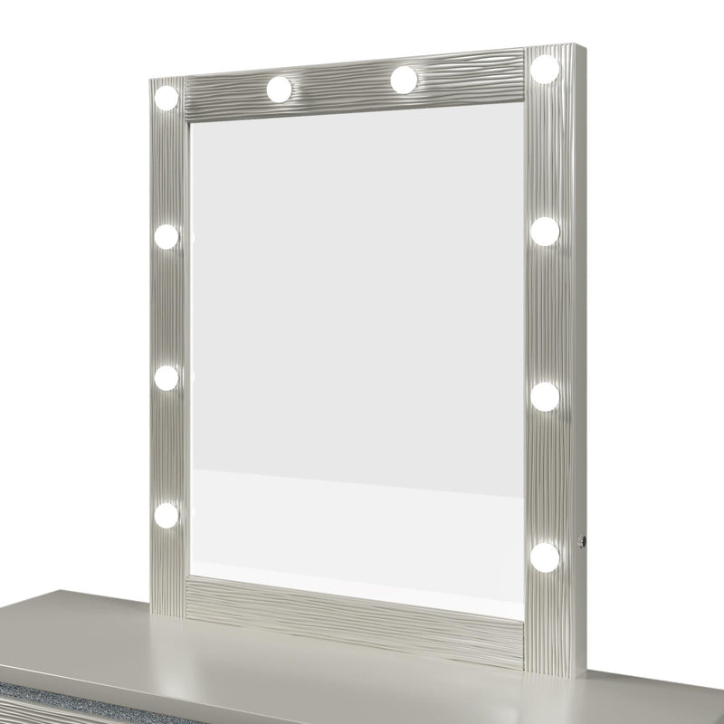 Champagne Silver Rubber Wood Dresser & Mirror with 6 Drawers Metal Slides Crystal Handle LED Lights Mirror