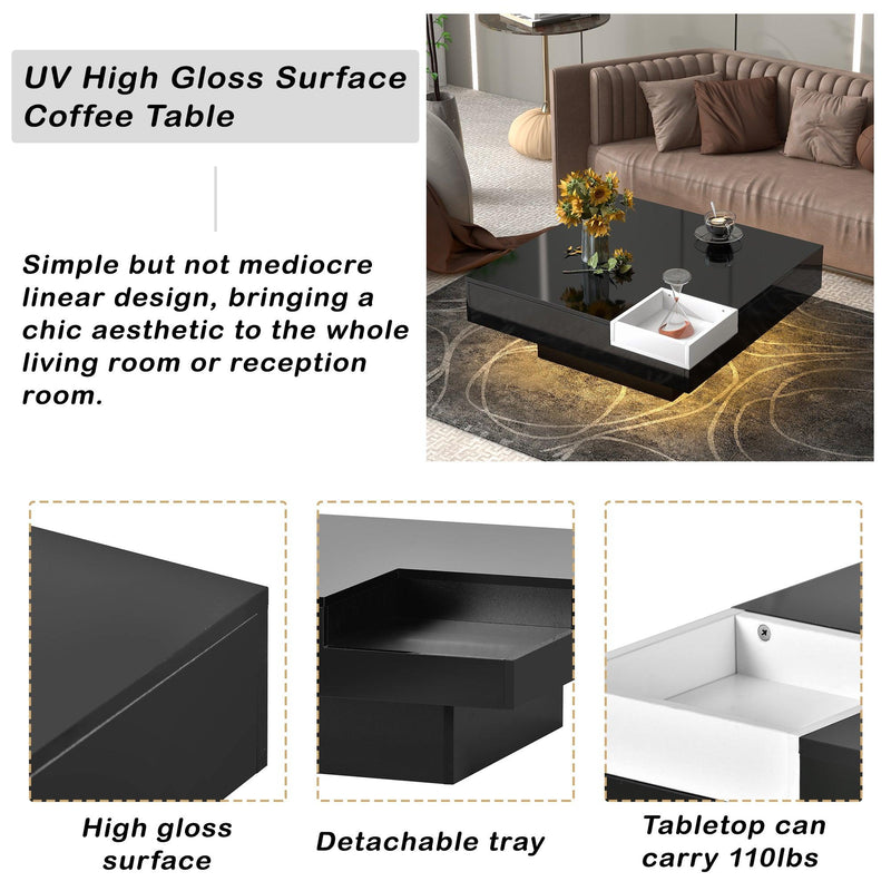 Modern Minimalist Design 31.5*31.5in Square Coffee Table with Detachable Tray and Plug-in 16-color LED Strip Lights Remote Control for Living Room - Urban Living Furniture (Los Angeles, CA)