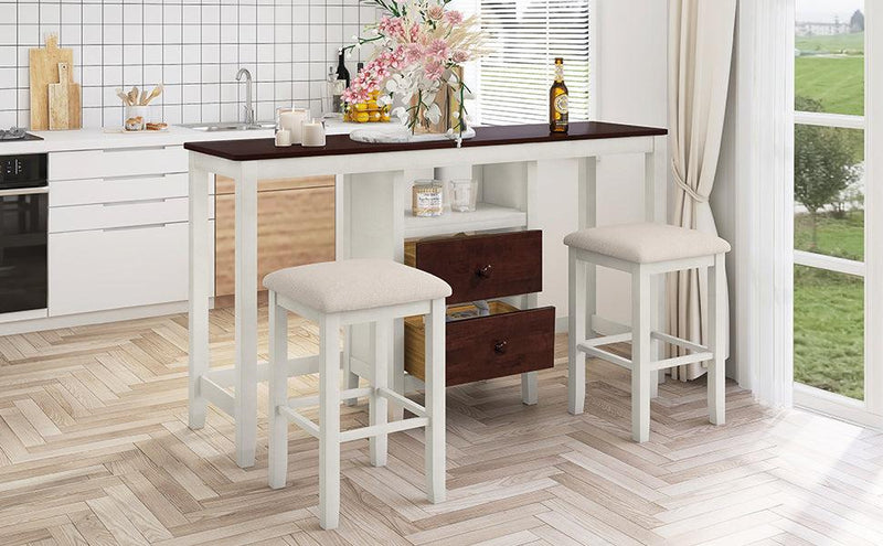 Farmhouse Rustic 3-piece Counter Height Wood Dining Table Set with 2Storage Drawers and 2 Stools for Small Places, White and Brown - Urban Living Furniture (Los Angeles, CA)