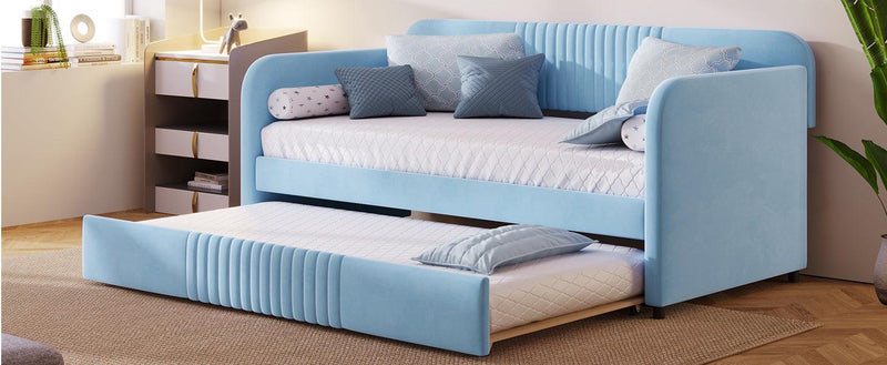 Upholstered Daybed Sofa Bed Twin Size With Trundle Bed and Wood Slat, Light Blue - Urban Living Furniture (Los Angeles, CA)