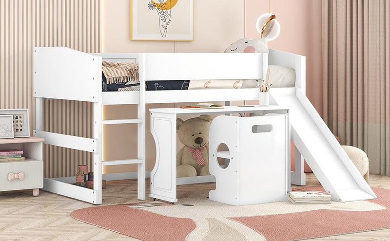 Low Study Twin Loft Bed with Rolling Portable Desk and Chair,Multiple Functions Bed- White - Urban Living Furniture (Los Angeles, CA)