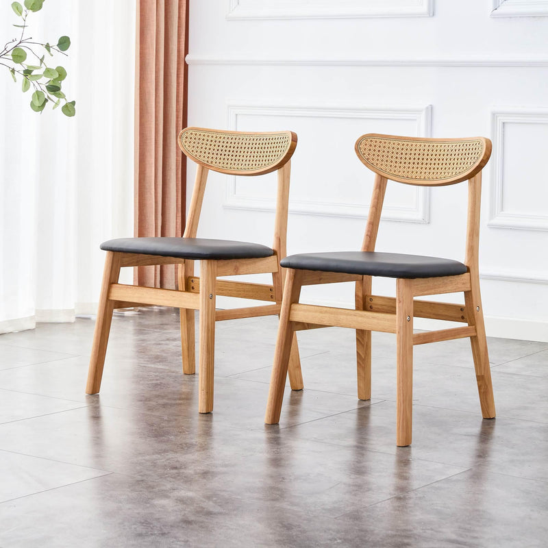 Solid Wood Dining Chair Stylish and Durable Small with Curved Backrest, PU+Foam Cushion, and Plastic Rattan Surface - Perfect for Any Room Décor and Daily Use (Set of 4)