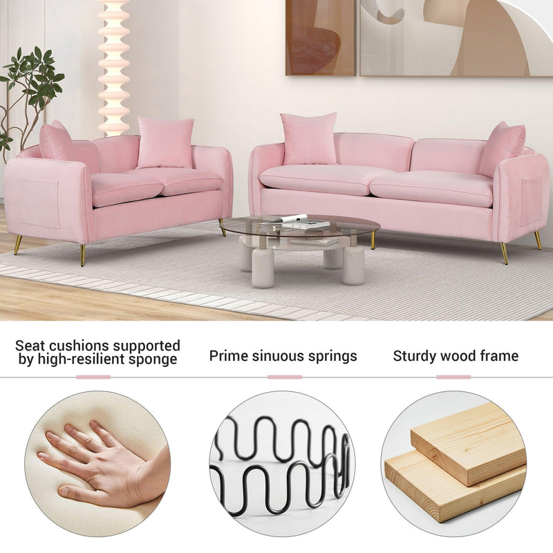 77.5" Velvet Upholstered Sofa with Armrest Pockets,3-Seat Couch with 2 Pillows and lden Metal Legs for Living Room,Apartment,Home Office,Pink - Urban Living Furniture (Los Angeles, CA)