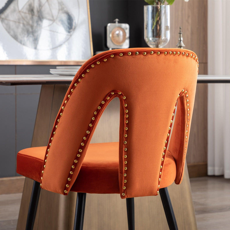 Akoya CollectionModern | Contemporary Velvet Upholstered Dining Chair with Nailheads and Gold Tipped Black Metal Legs, Orange，Set of 2 - Urban Living Furniture (Los Angeles, CA)