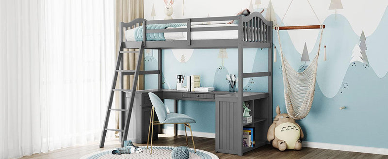 Twin size Loft Bed with Drawers, Cabinet, Shelves and Desk, Wooden Loft Bed with Desk - Gray - Urban Living Furniture (Los Angeles, CA)