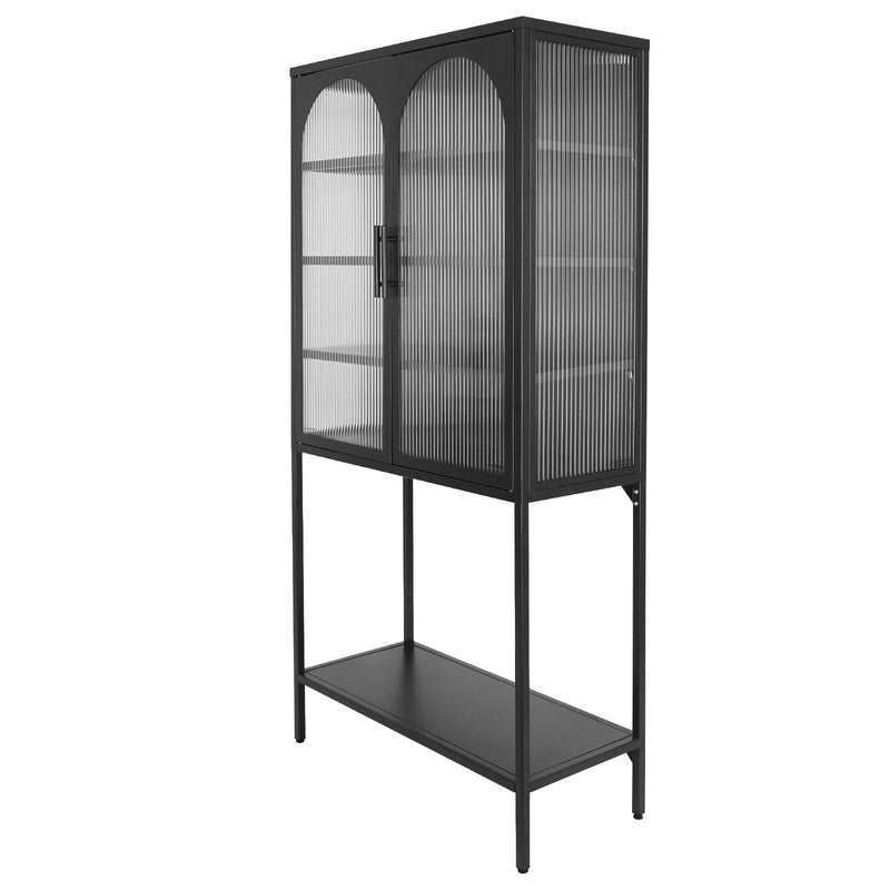 Stylish Tempered Glass TallStorage Cabinet with 2 Arched Doors Adjustable Shelves and open bottom shelf ,Feet Anti-Tip Dust-free Fluted Glass Kitchen Credenza Black Color