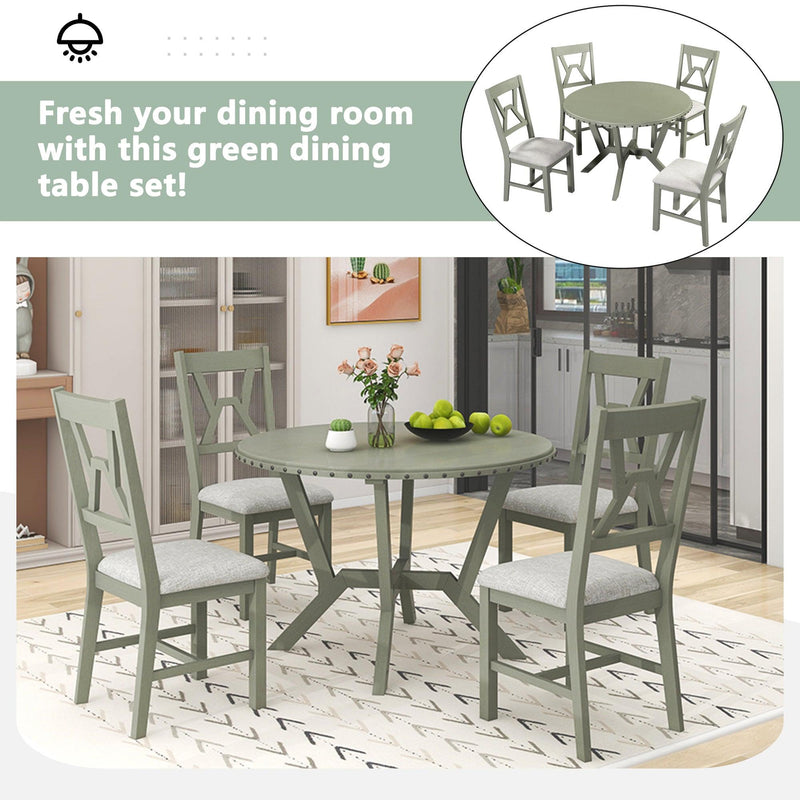 Mid-Century 5-Piece Dining Table Set, Round Table with Cross Legs, 4 Upholstered Chairs for Small Places, Kitchen, Studio, Green