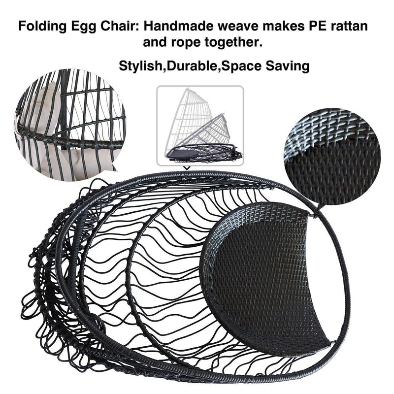 Hanging Egg Chair with Stand Outdoor Patio Swing Egg Chair Indoor Folding Egg Chair, Waterproof Cushion, Folding Rope Back, Heavy Duty C-Stand, 330LBS Capacity