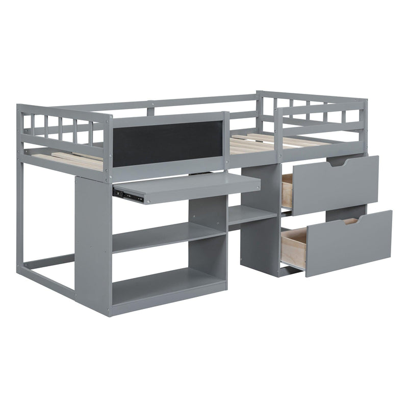 Twin Size Low Loft Bed with Rolling Desk, Shelf and Drawers - Gray - Urban Living Furniture (Los Angeles, CA)