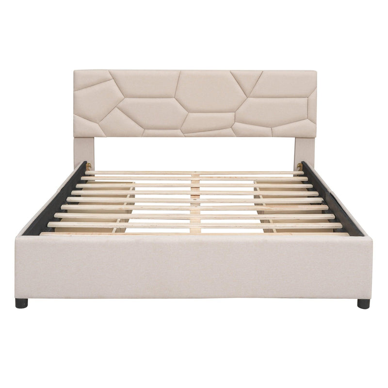 Queen Size Upholstered Platform Bed with Brick Pattern Heardboard and 4 Drawers, Linen Fabric, Beige - Urban Living Furniture (Los Angeles, CA)