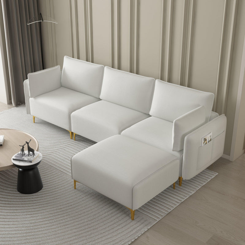 L Shape Sectional Sofa with USB Beige Fabric