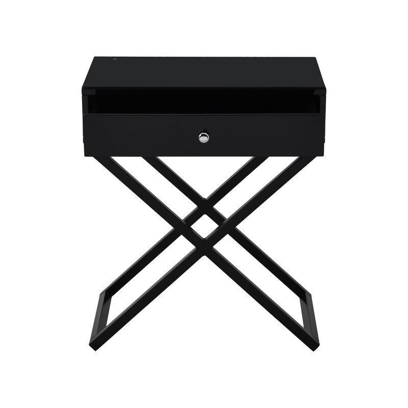 Koda Black Wooden End Side Table Nightstand with Glass Top, Drawer and Metal Cross Base - Urban Living Furniture (Los Angeles, CA)