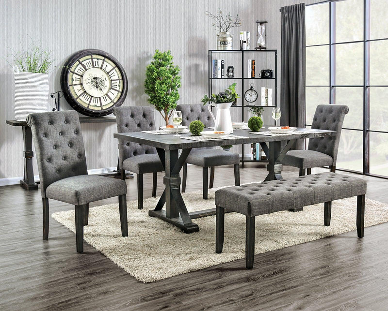 Classic Gray Color 1PC BENCH Button Tufted Linen Like Fabric Solid wood Chair Upholstered Seat Breakfast Rustic Dining Room Furniture