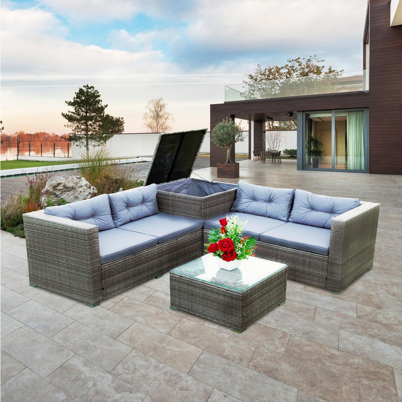 4 Piece Patio Sectional Wicker Rattan Outdoor Furniture Sofa Set withStorage Box Grey