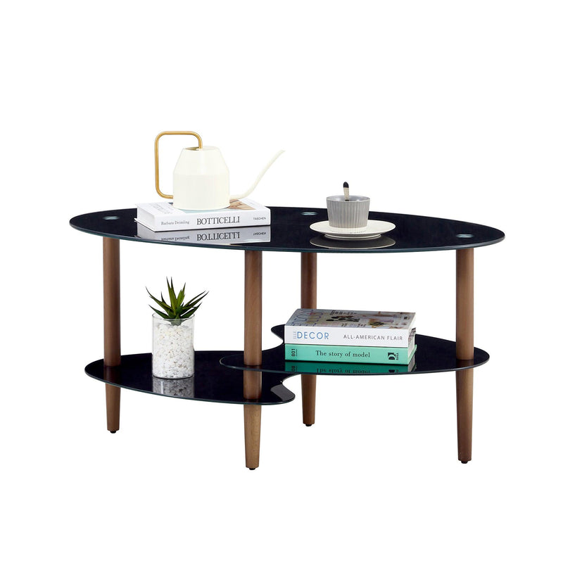 Black Oval glass coffee table,Modern table in living room Oak wood leg tea table 3-layer  glass table - Urban Living Furniture (Los Angeles, CA)