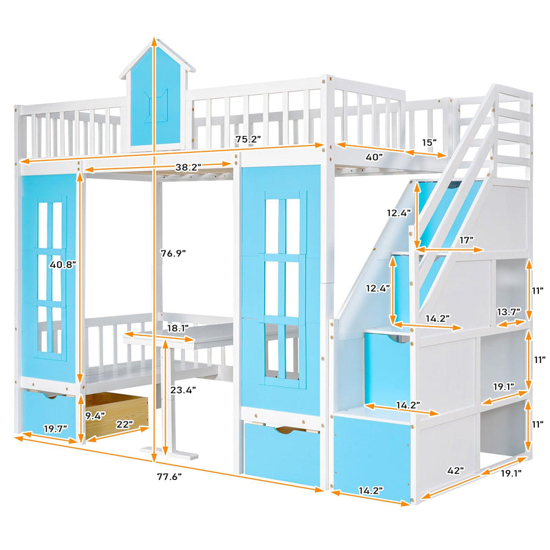 Twin-Over-Twin Bunk Bed with Changeable Table , Bunk Bed  Turn into Upper Bed and Down Desk with 2 Drawers - Blue - Urban Living Furniture (Los Angeles, CA)