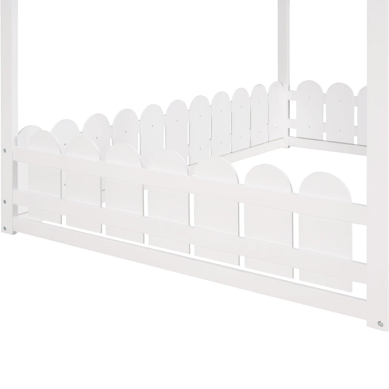 Full  Size Wood Bed House Bed Frame with Fence, for Kids, Teens, Girls, Boys (White )