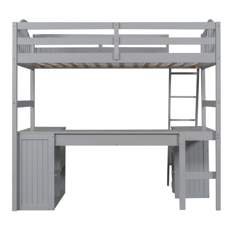 Twin size Loft Bed with Drawers, Cabinet, Shelves and Desk, Wooden Loft Bed with Desk - Gray