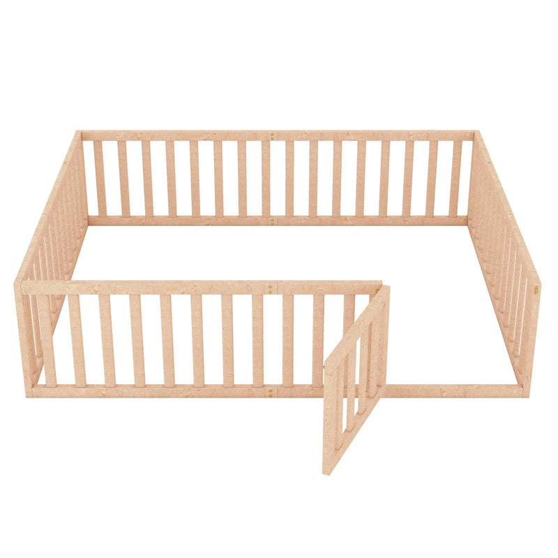 Queen Size Wood Floor Bed Frame with Fence and Door, Natural