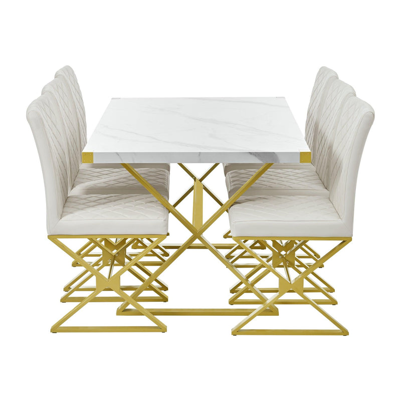 7-PieceModern Dining Table Set, Rectangular Marble Texture Kitchen Table and 6 PU leather Chairs with X-Shaped Gold Steel Pipe Legs for Dining Room (White) - Urban Living Furniture (Los Angeles, CA)