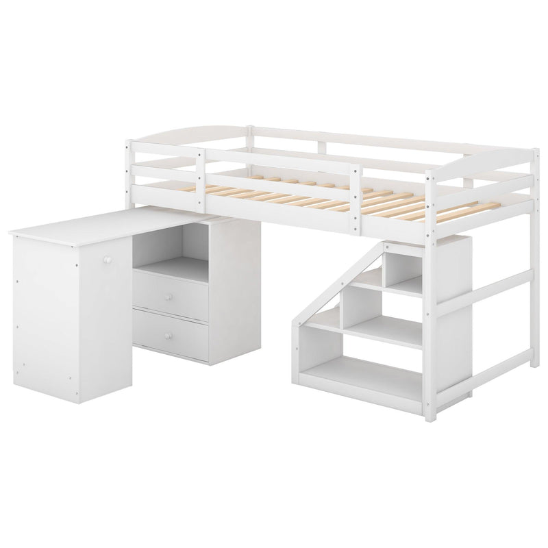 Twin Size Loft Bed with Multifunctional Movable Built-in Desk and and Staircase,White - Urban Living Furniture (Los Angeles, CA)