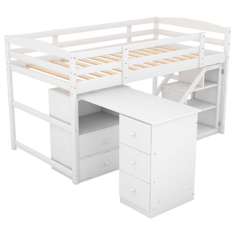 Twin Size Loft Bed with Multifunctional Movable Built-in Desk and and Staircase,White