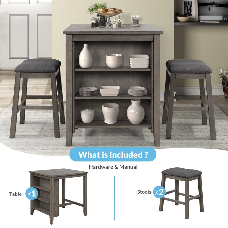 3 Piece Dining Table with Padded Stools, Table Set withStorage Shelf,Dark Gray - Urban Living Furniture (Los Angeles, CA)