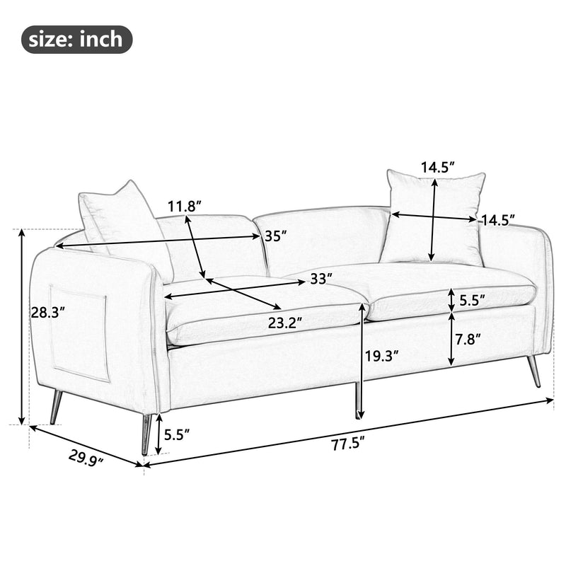 77.5" Velvet Upholstered Sofa with Armrest Pockets,3-Seat Couch with 2 Pillows and lden Metal Legs for Living Room,Apartment,Home Office,Gray - Urban Living Furniture (Los Angeles, CA)