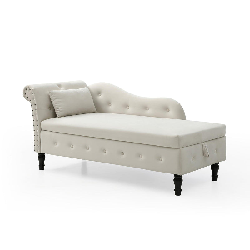 60" Velvet MultifunctionalStorage Chaise Lounge Buttons Tufted Nailhead Trimmed Solid Wood Legs with 1 Pillow ,Beige