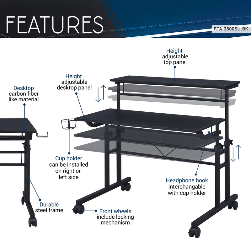 Techni Mobili Rolling Writing Desk with Height Adjustable Desktop and Moveable Shelf, Black