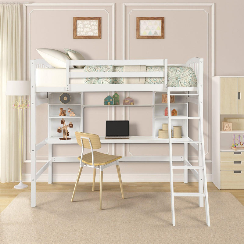 Twin size Loft Bed withStorage Shelves, Desk and Ladder, White