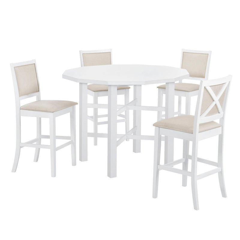 5-Piece Rubber Wood Counter Height Dining Table Set, Irregular Table with 4 High-back Cushioned Chairs for Small Place, White - Urban Living Furniture (Los Angeles, CA)