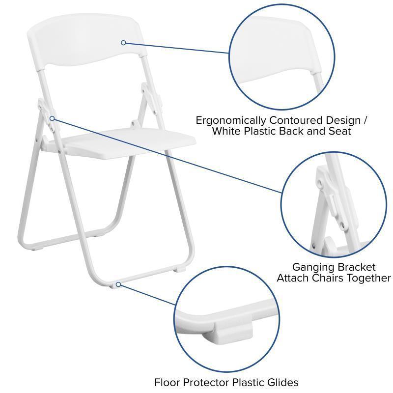 HERCULES Series 500 lb. Capacity Heavy Duty White Plastic Folding Chair with Built-in Ganging Brackets