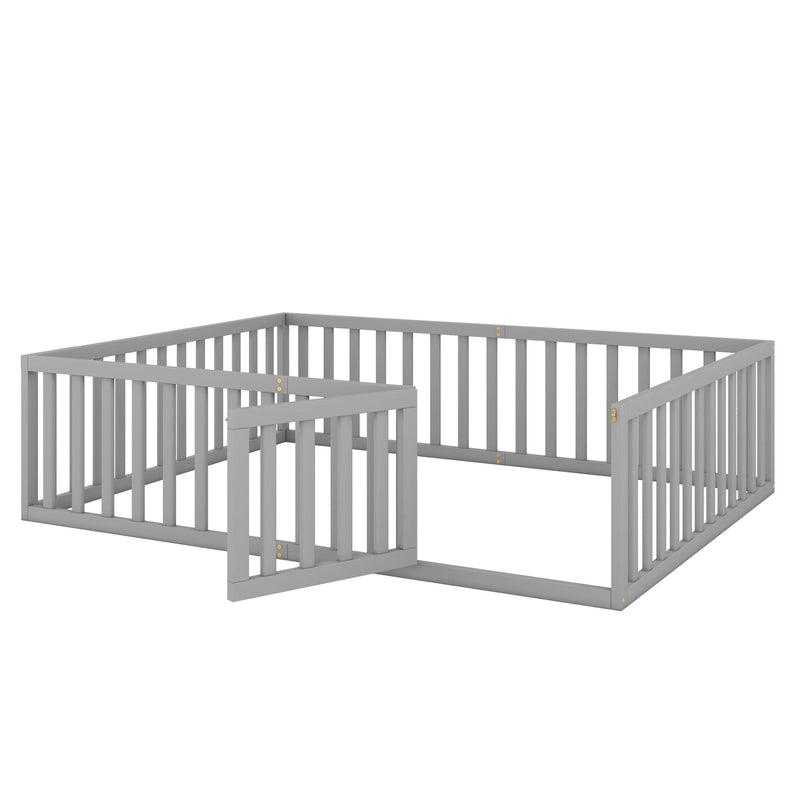 Queen Size Wood Floor Bed Frame with Fence and Door, Gray