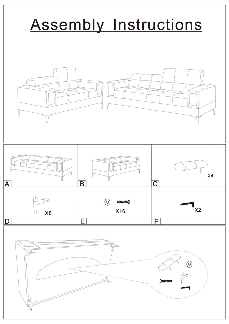 Black Faux Leather Living Room 2pc Sofa set Sofa And Loveseat Furniture Couch Unique Design Metal Legs Adjustable Headrest