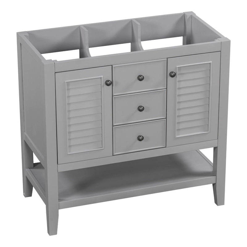 36" Bathroom Vanity without Sink, Cabinet Base Only, Two Cabinets and Drawers, Open Shelf, Solid Wood Frame, Grey