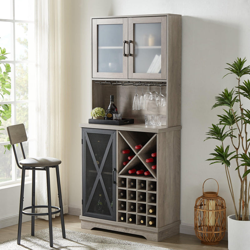 Farmhouse Wine Cabinet , Large Capacity Kitchen SideboardStorage Cabinet With Wine Rack And Glass Holder, Adjustable Shelf And 16 Square Compartments (Gray, 31.50" W*13.4" D*71.06"H)