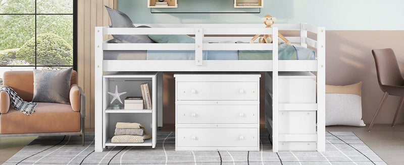 Low Study Full Loft Bed with Cabinet ,Shelves and Rolling Portable Desk ,Multiple Functions Bed- White - Urban Living Furniture (Los Angeles, CA)