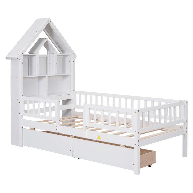 Twin Size House-Shaped Headboard Bed with Fence Guardrails and Drawers ,White - Urban Living Furniture (Los Angeles, CA)