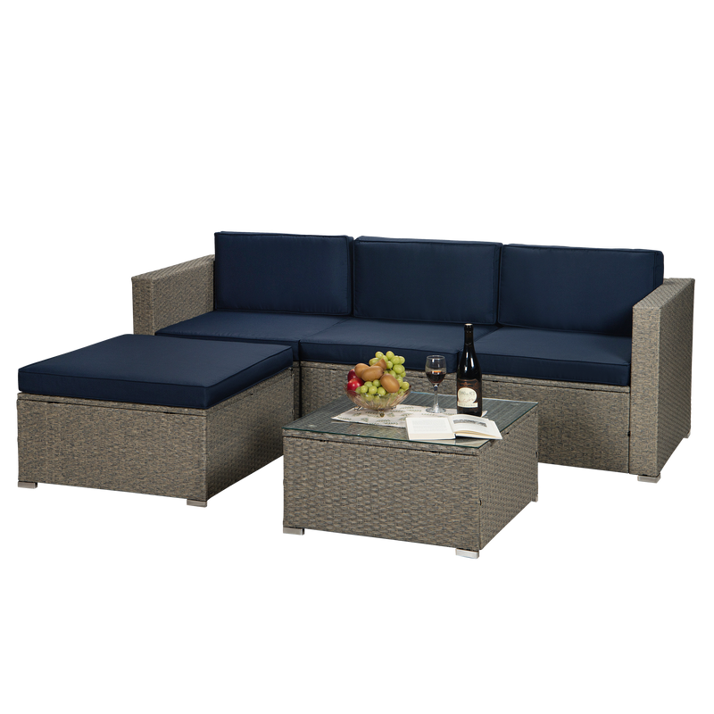 Outdoor Garden Patio Furniture 5-Piece Gray Mix Yellow PE Rattan Wicker Sectional Navy Cushioned Sofa Sets
