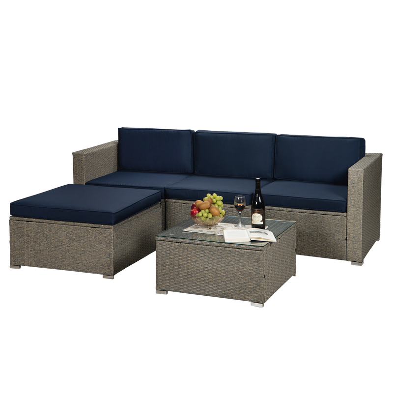 Outdoor Garden Patio Furniture 5-Piece Gray Mix Yellow PE Rattan Wicker Sectional Navy Cushioned Sofa Sets - Urban Living Furniture (Los Angeles, CA)