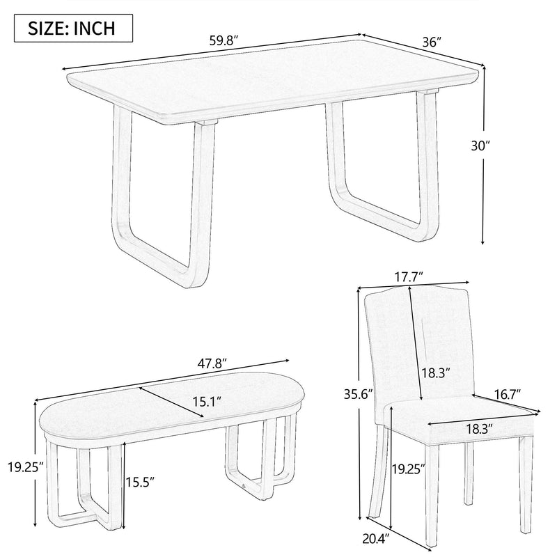 6-Piece Retro-Style Dining Set Includes Dining Table, 4 Upholstered Chairs & Bench with Foam-covered Seat Backs&Cushions for Dining Room (Gray+Beige)