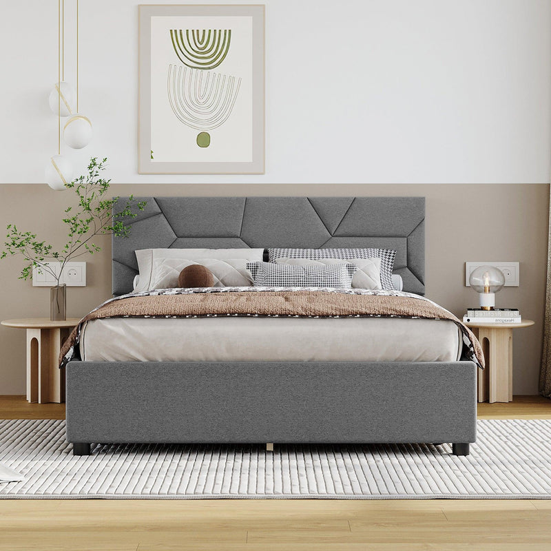 Full Size Upholstered Platform Bed with Brick Pattern Heardboard and 4 Drawers, Linen Fabric, Gray - Urban Living Furniture (Los Angeles, CA)