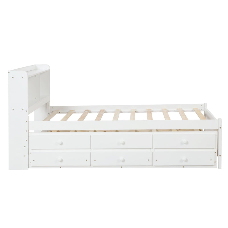 Twin Bed with Bookcase,Twin Trundle,Drawers,White