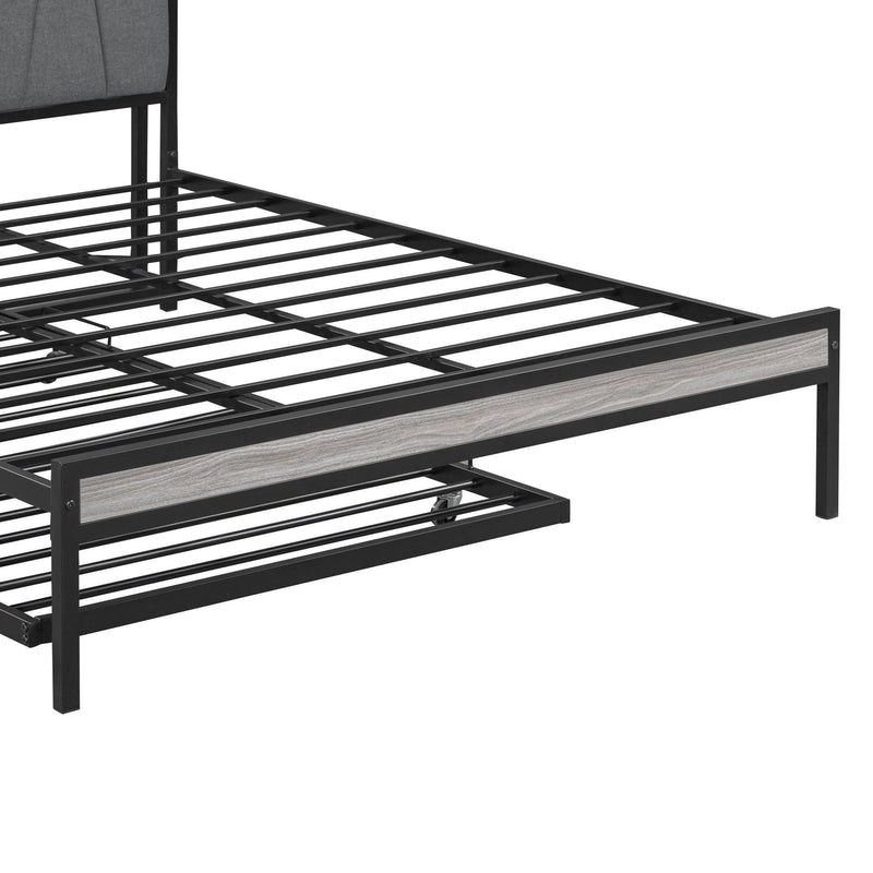 Queen Size Metal Platform Bed Frame with Twin size trundle, Upholstered headboard ，Sockets, USB Ports and Slat Support ,No Box Spring Needed，Black - Urban Living Furniture (Los Angeles, CA)