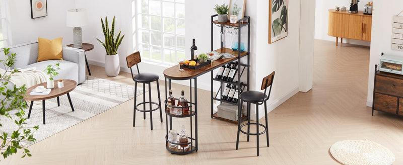 Bar table and stool set with 2 bar stools, with bottle holder, glass holder and side organizer, multifunctional high bar table with space for 8 bottles and 9 glasses.