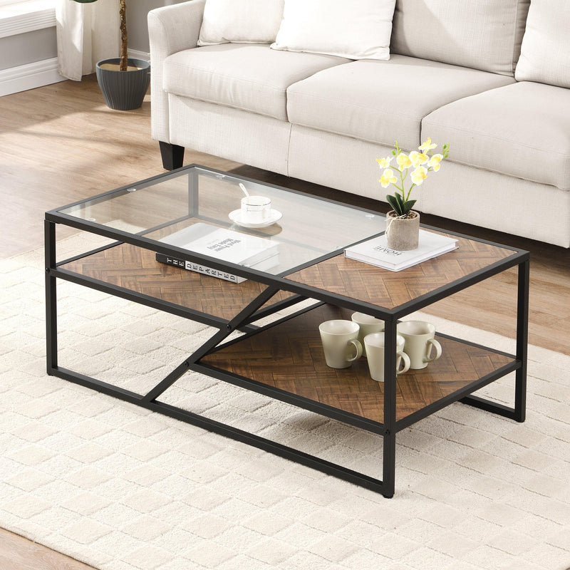 Black Coffee Table withStorage Shelf, Tempered Glass Coffee Table with Metal Frame for Living Room&Bedroom - Urban Living Furniture (Los Angeles, CA)