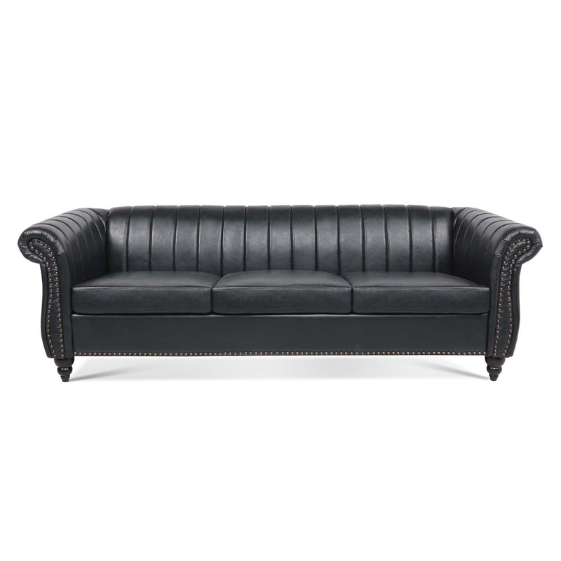 83.46'' Black PU Rolled Arm Chesterfield Three Seater Sofa.
